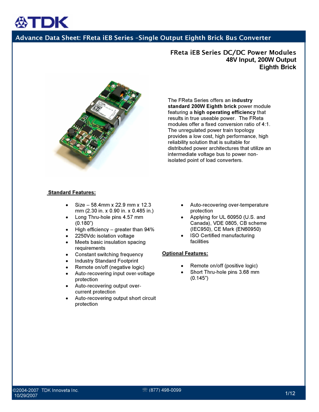 TDK iEB Series manual TDK Innoveta Inc 877 10/29/2007 