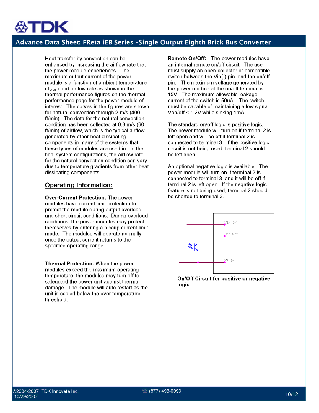 TDK iEB Series manual Operating Information 