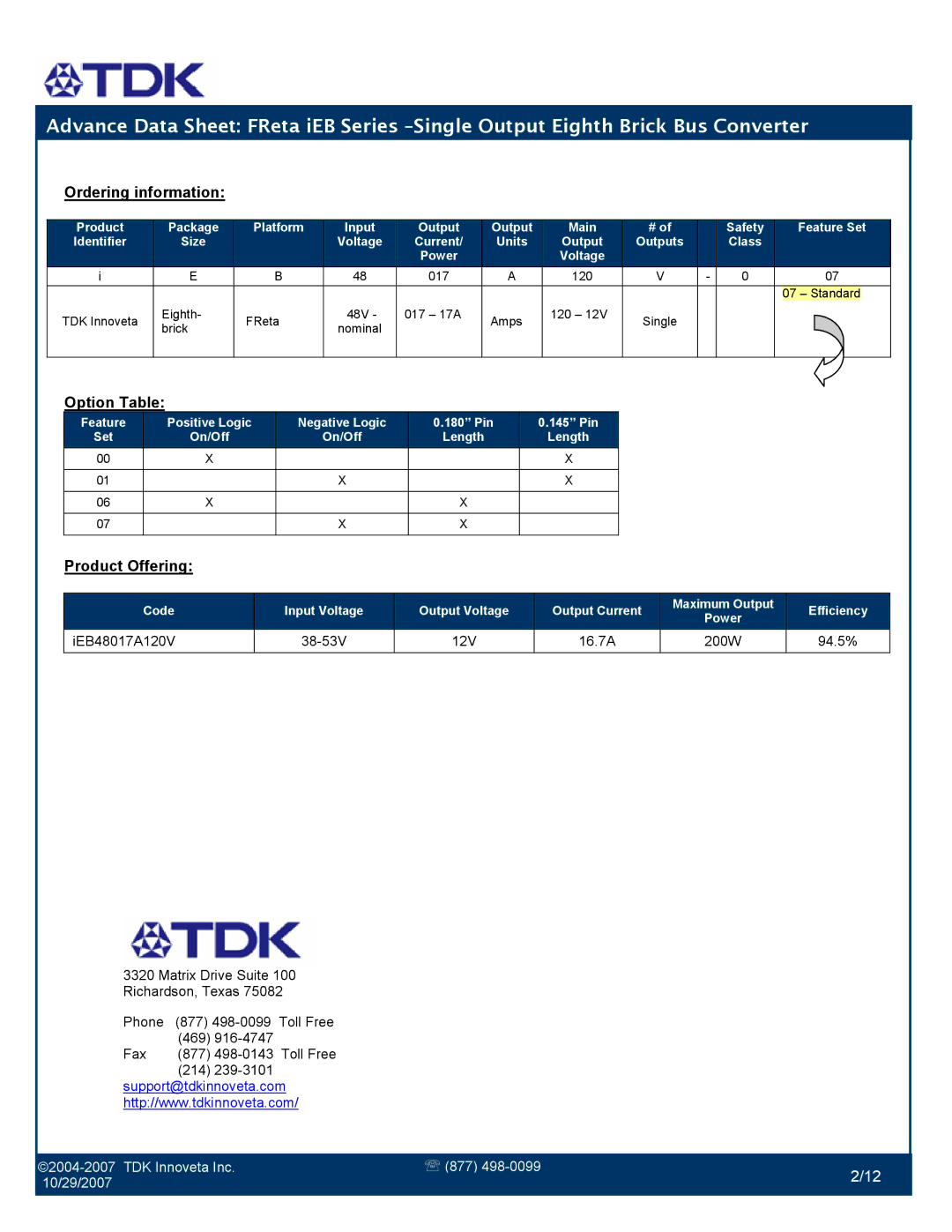 TDK iEB Series manual Option Table 