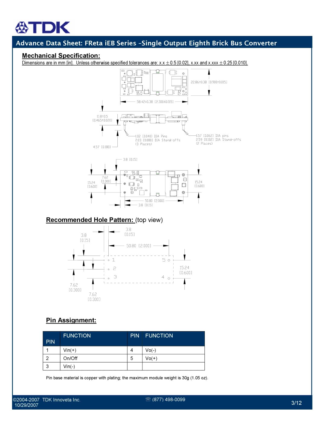 TDK iEB Series manual Mechanical Specification, Recommended Hole Pattern top view Pin Assignment 