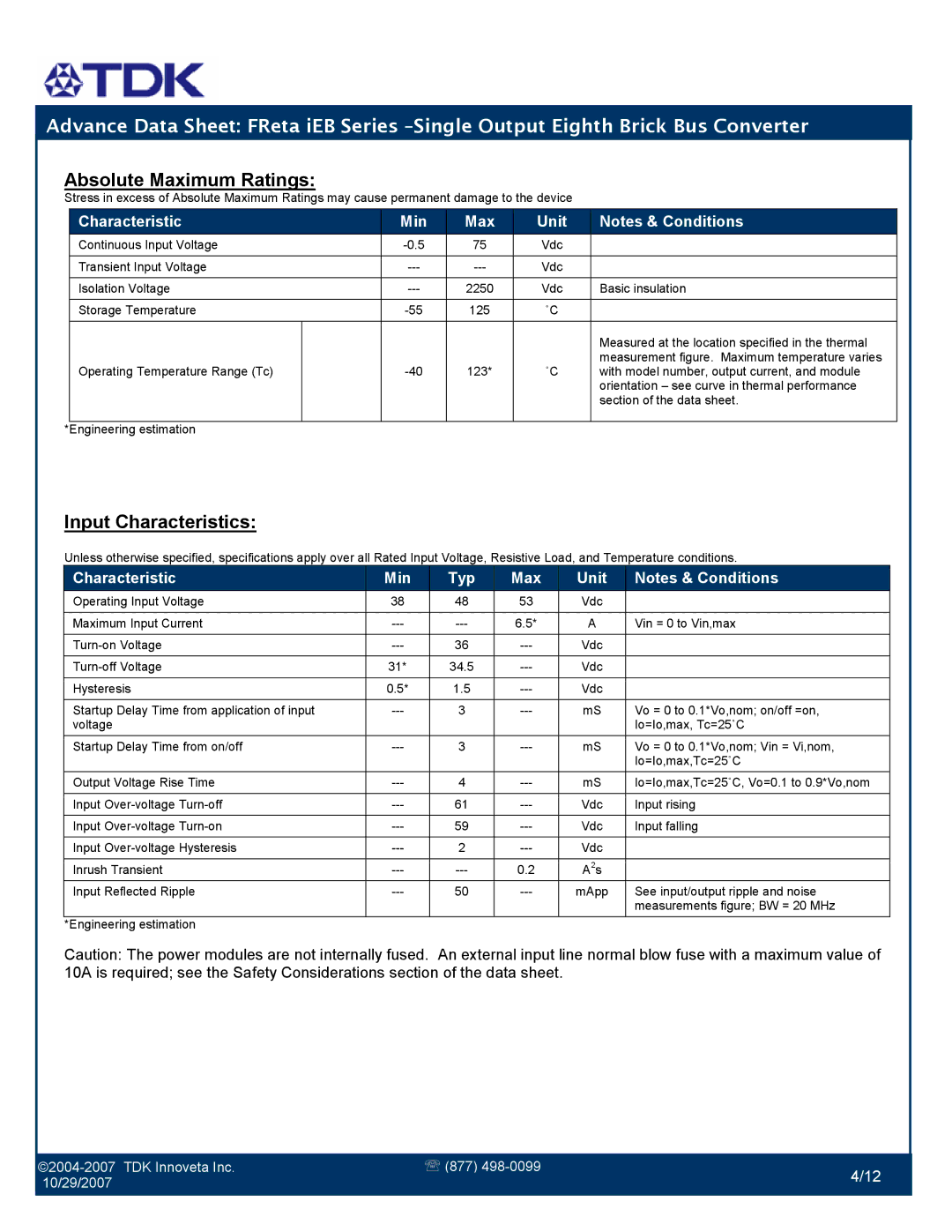 TDK iEB Series manual Input Characteristics, Characteristic Min Max Unit 