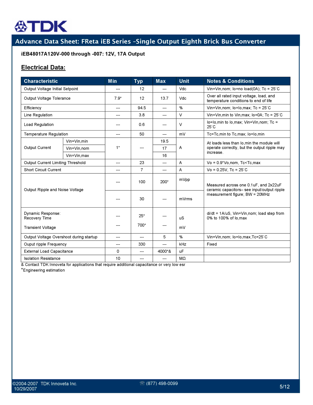 TDK iEB Series manual Electrical Data 