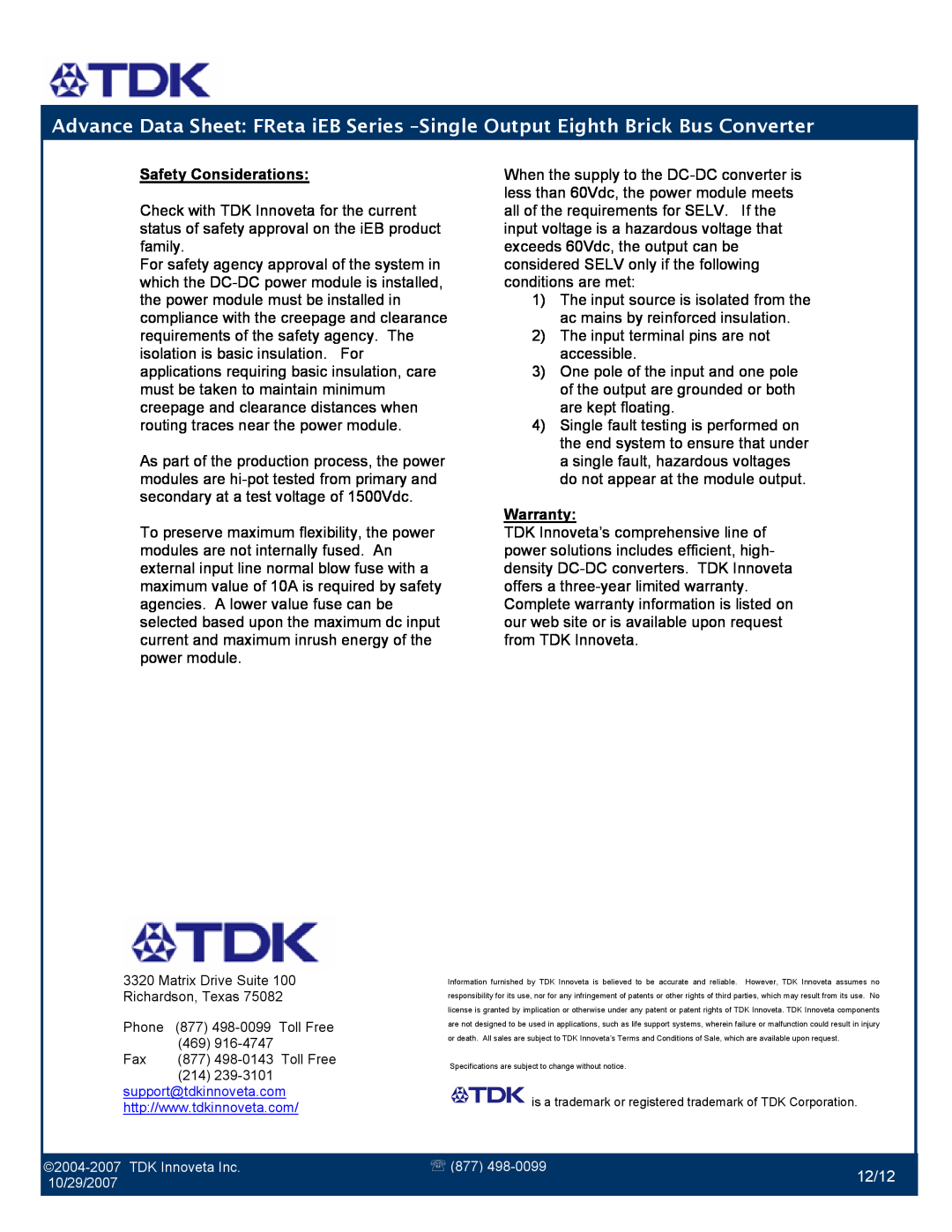TDK iEB Series manual 12/12, Safety Considerations 