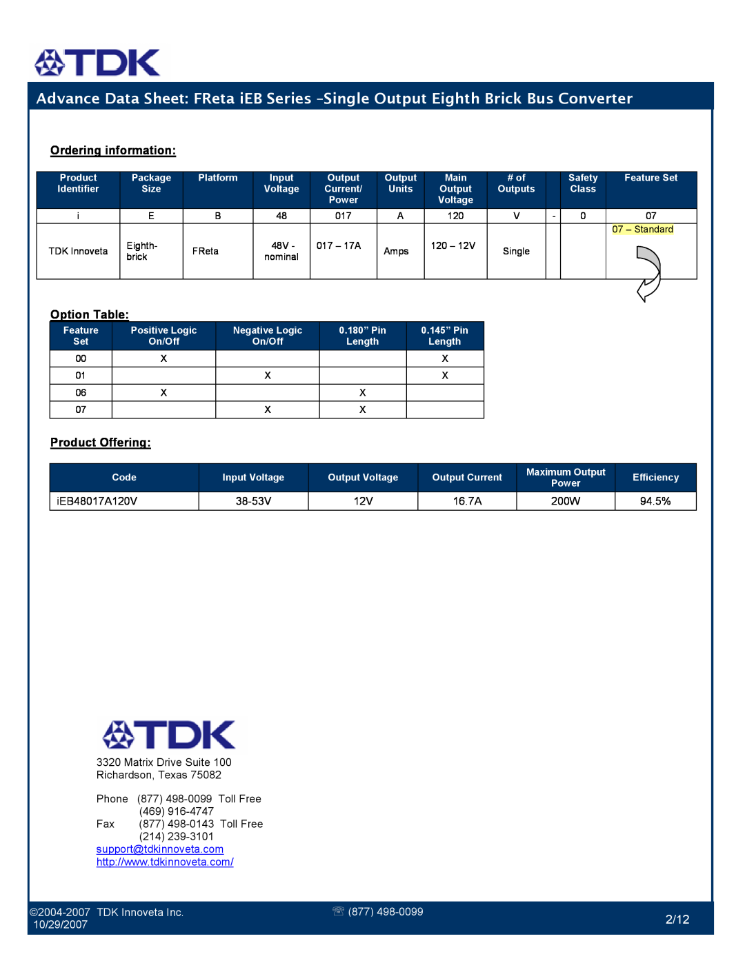 TDK iEB Series manual Option Table, 2/12, iEB48017A120V, 38-53V, 16.7A, 94.5%, Matrix Drive Suite Richardson, Texas, Phone 