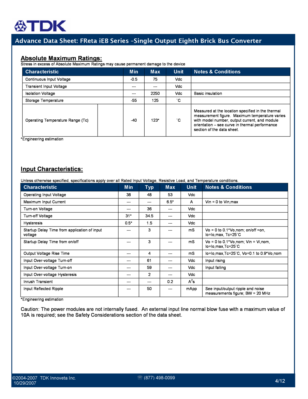 TDK iEB Series manual Absolute Maximum Ratings, Input Characteristics, Unit, Notes & Conditions, 4/12 