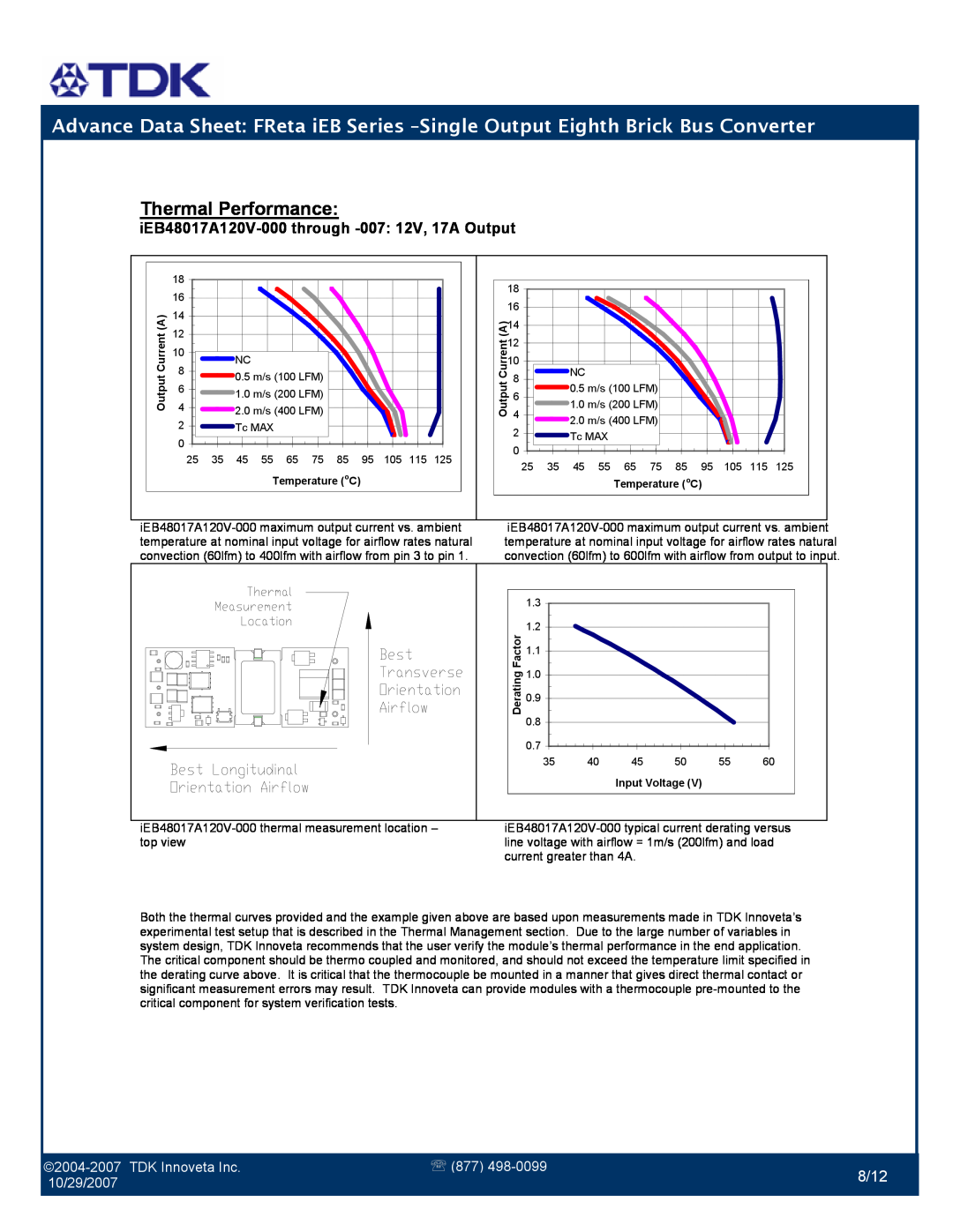 TDK iEB Series manual Thermal Performance, 8/12, TDK Innoveta Inc, 10/29/2007 