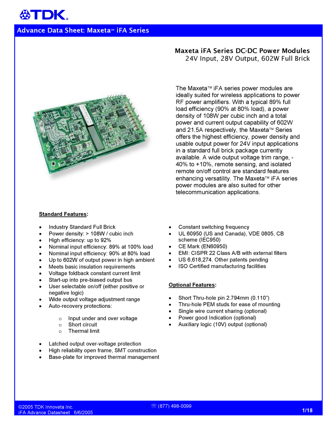 TDK manual Advance Data Sheet MaxetaTM iFA Series 