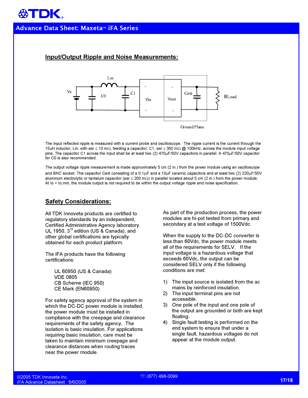 TDK iFA Series manual Input/Output Ripple and Noise Measurements, Safety Considerations 