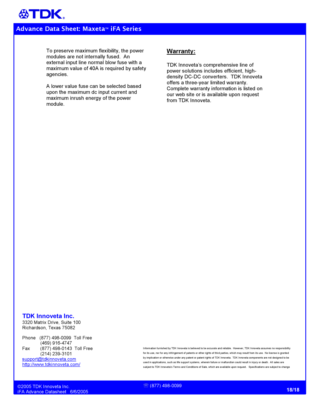 TDK iFA Series manual Warranty, TDK Innoveta Inc IFA Advance Datasheet 6/6/2005 