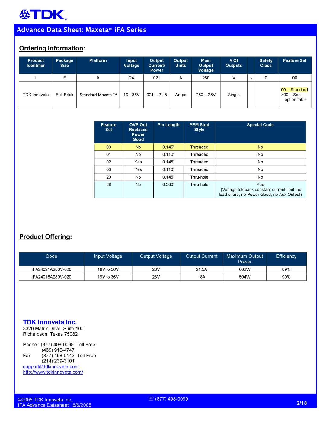 TDK iFA Series manual Product Offering, TDK Innoveta Inc 