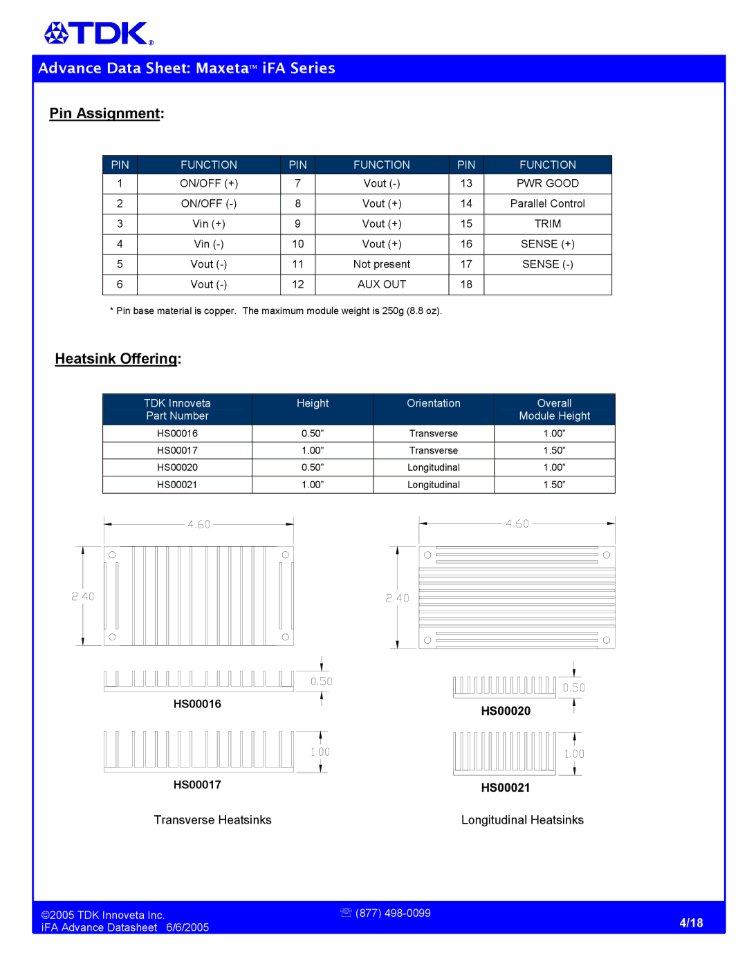 TDK iFA Series manual Pin Assignment, Heatsink Offering 