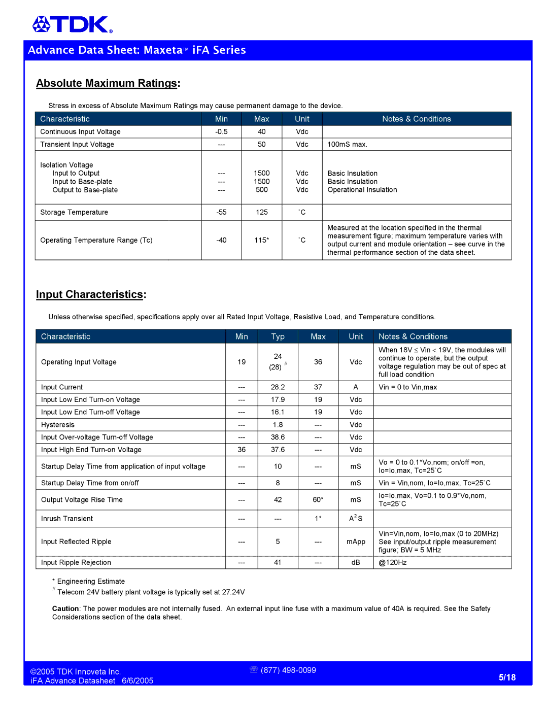 TDK iFA Series manual Absolute Maximum Ratings, Input Characteristics 