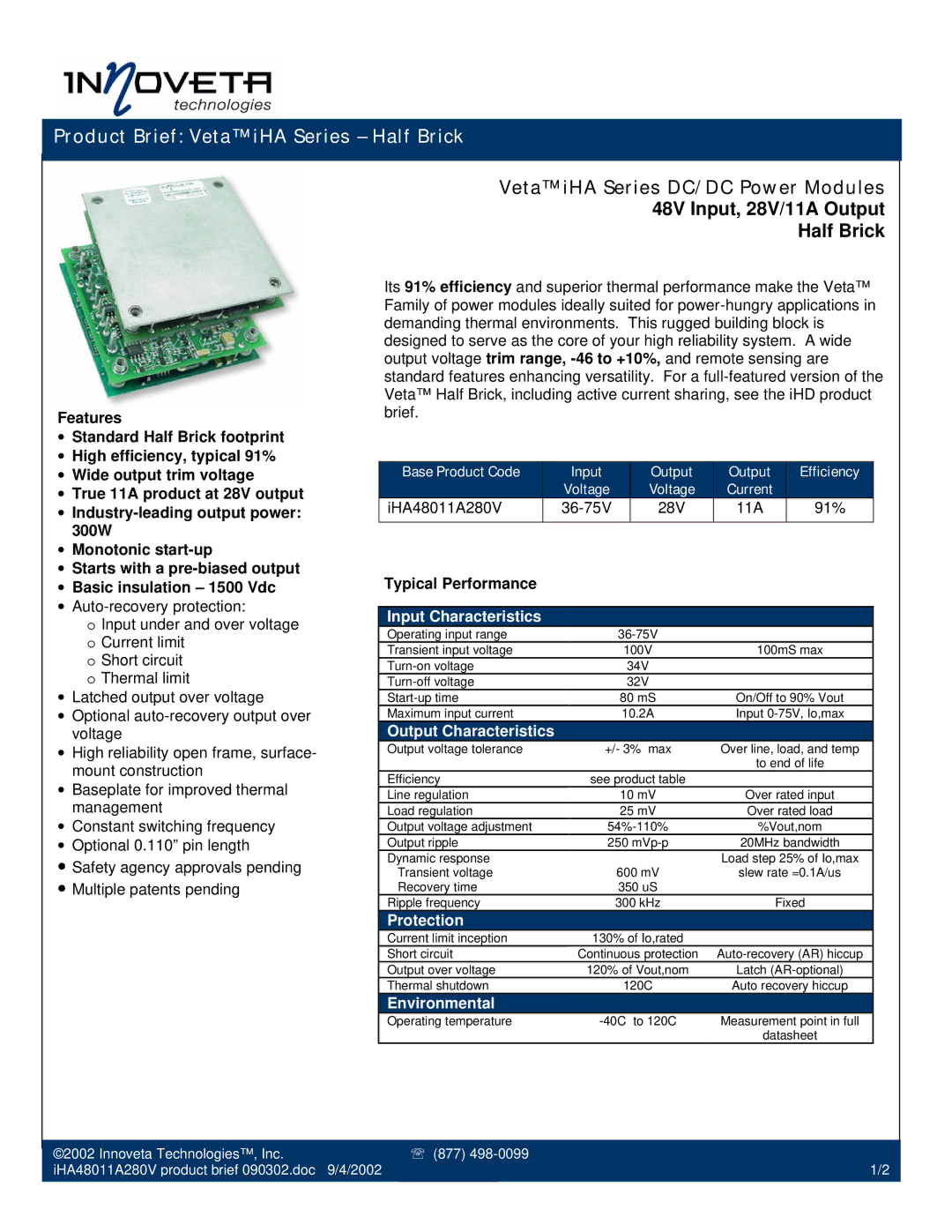 TDK manual Product Brief Veta iHA Series Half Brick, Veta iHA Series DC/DC Power Modules 