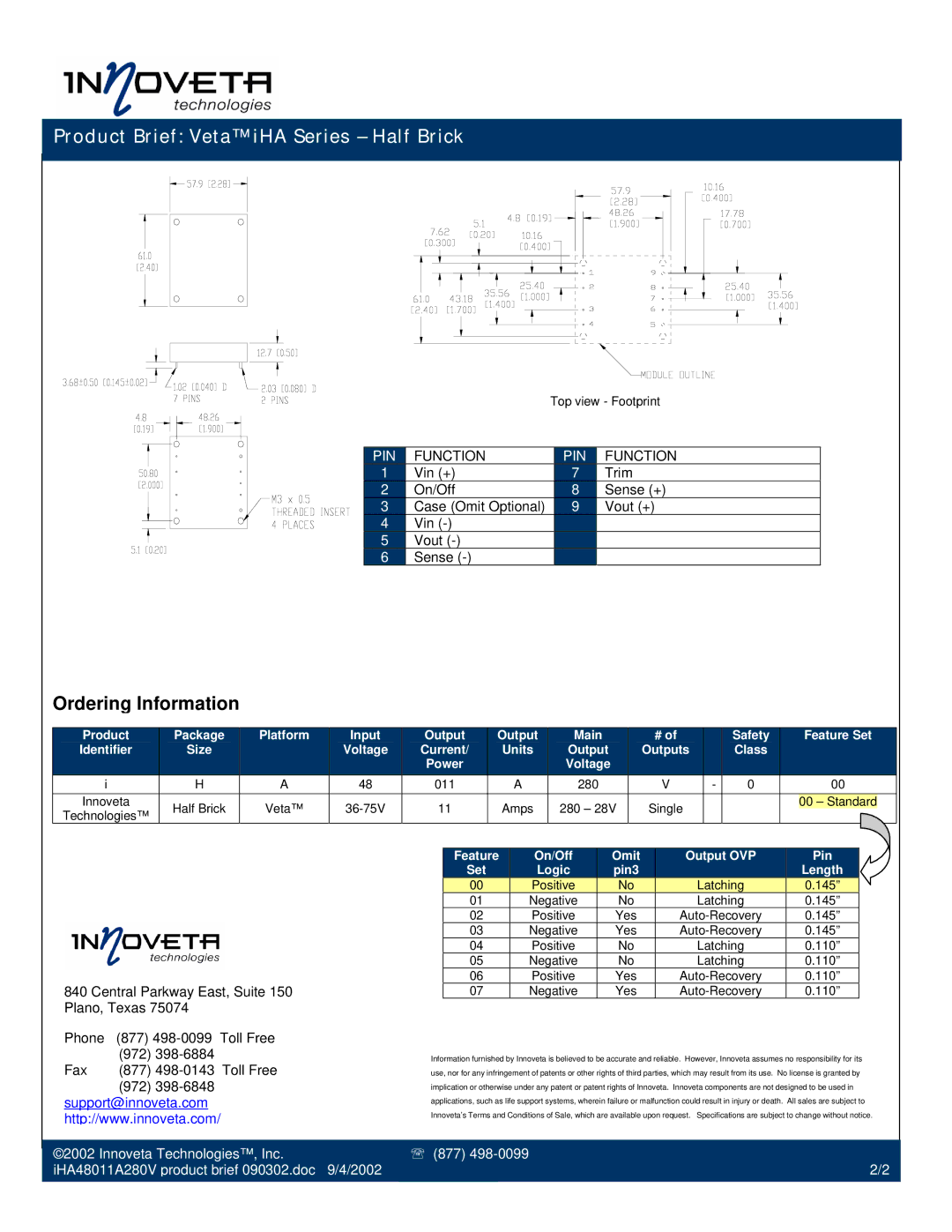 TDK iHA Series Ordering Information, 011 280 Innoveta, Single, Feature On/Off Omit Output OVP Pin Set Logic Pin3 Length 