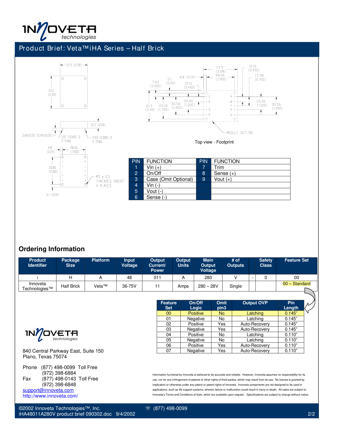 TDK manual Ordering Information, Product Brief Veta iHA Series - Half Brick, support@innoveta.com, 877 2/2 