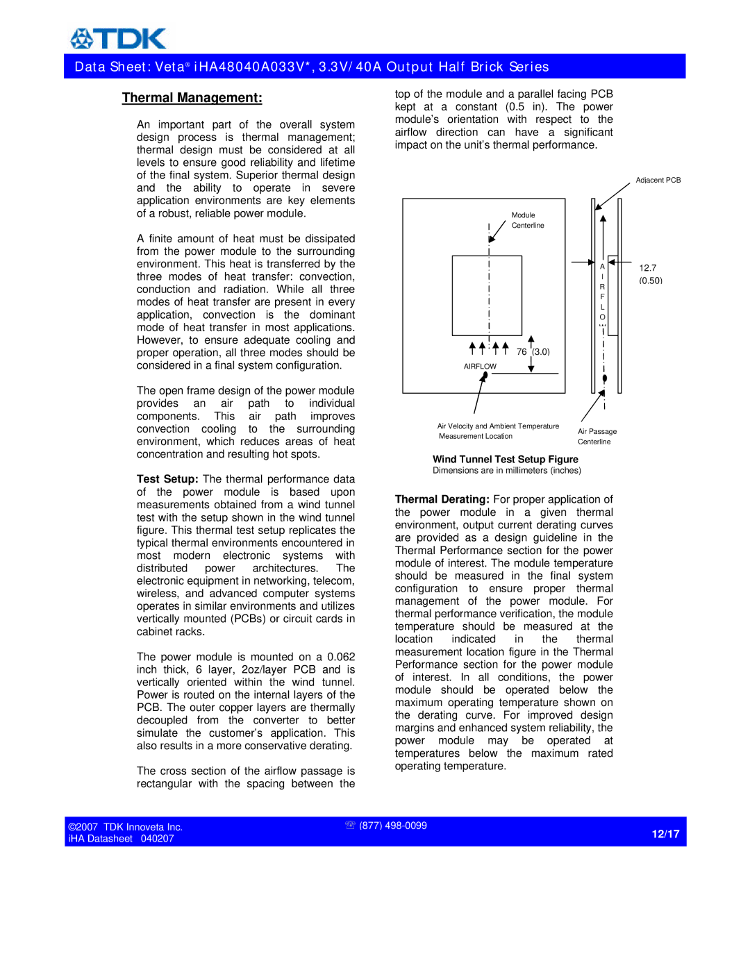 TDK iHA48040A033V* specifications Thermal Management, Wind Tunnel Test Setup Figure 