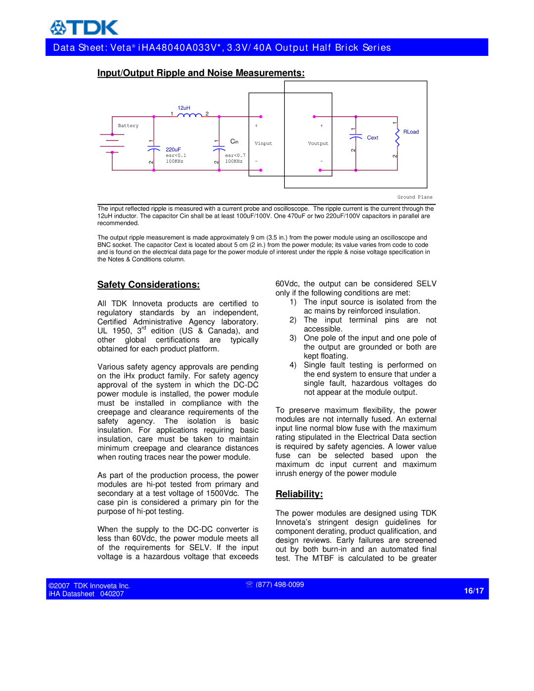 TDK iHA48040A033V* specifications Input/Output Ripple and Noise Measurements, Safety Considerations, Reliability 