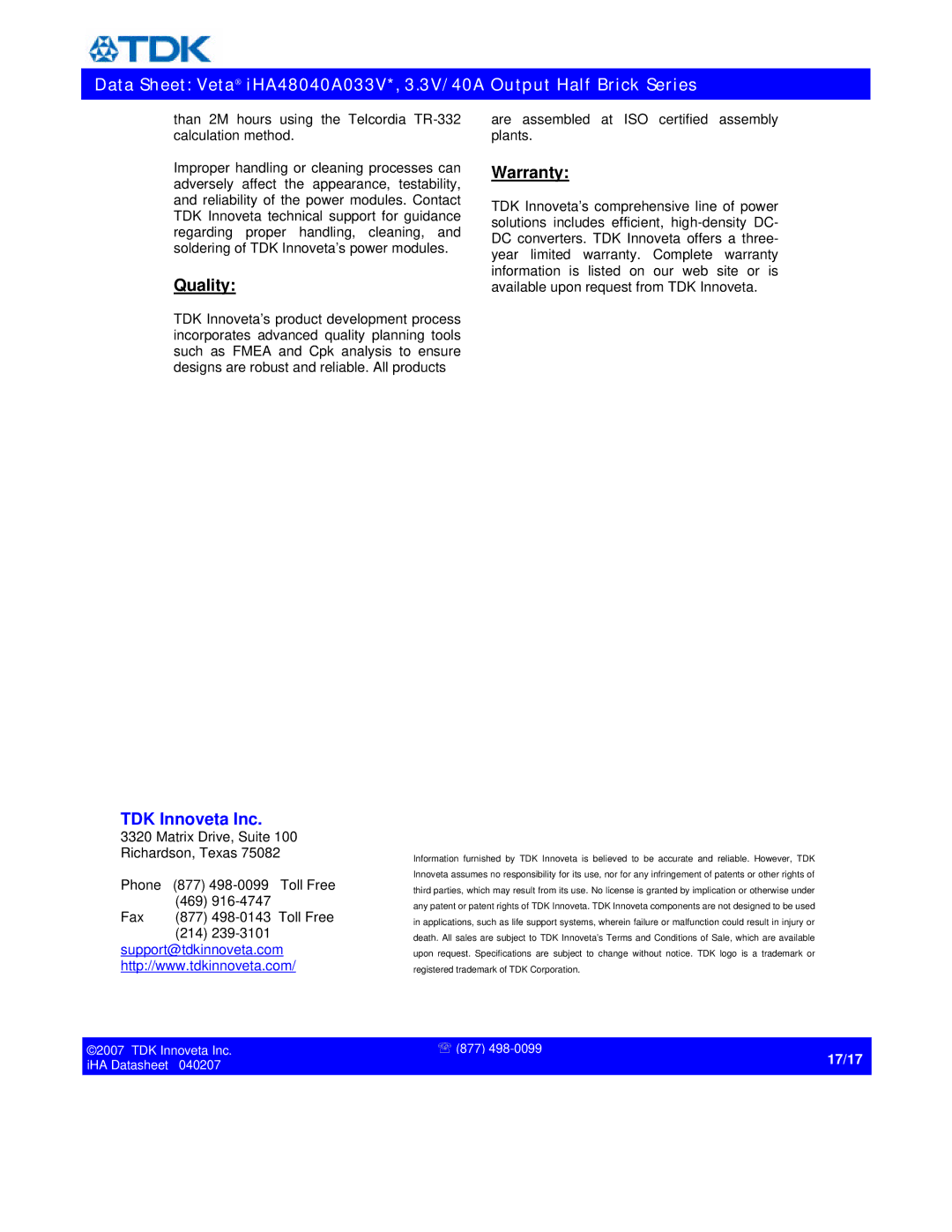 TDK iHA48040A033V* specifications Quality, Warranty 