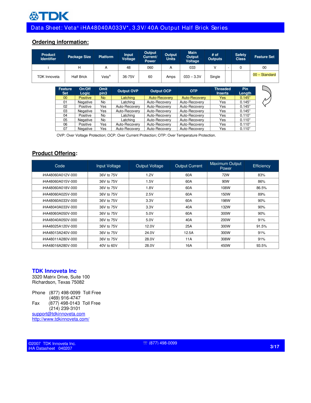 TDK iHA48040A033V* specifications Ordering information, Product Offering 