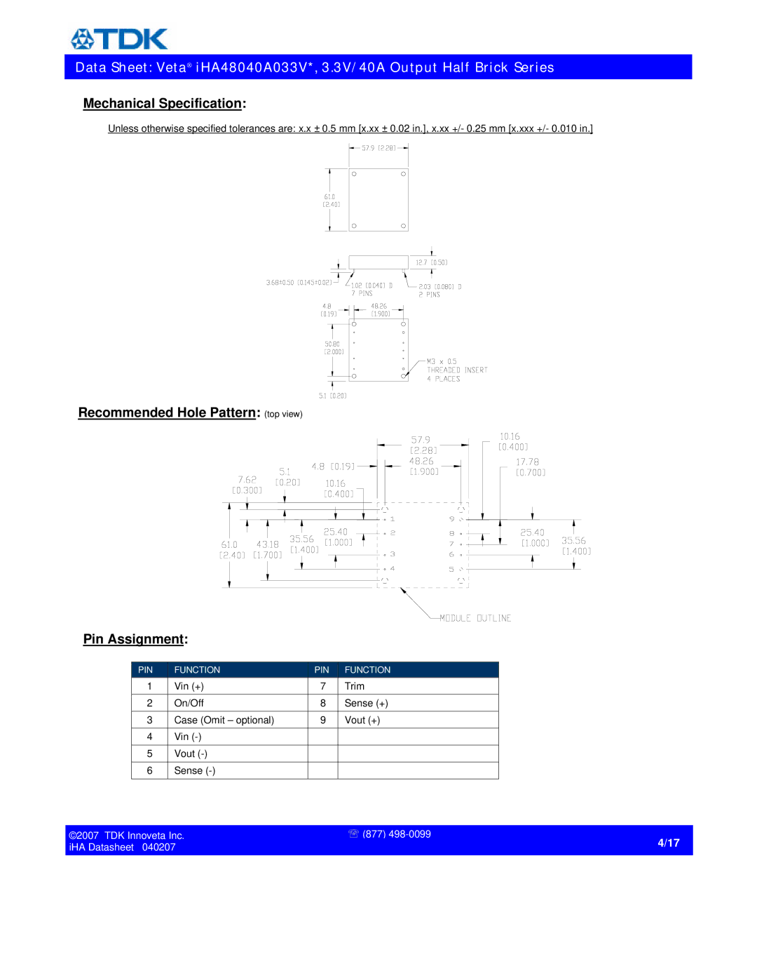 TDK iHA48040A033V* specifications Mechanical Specification, Recommended Hole Pattern top view Pin Assignment 