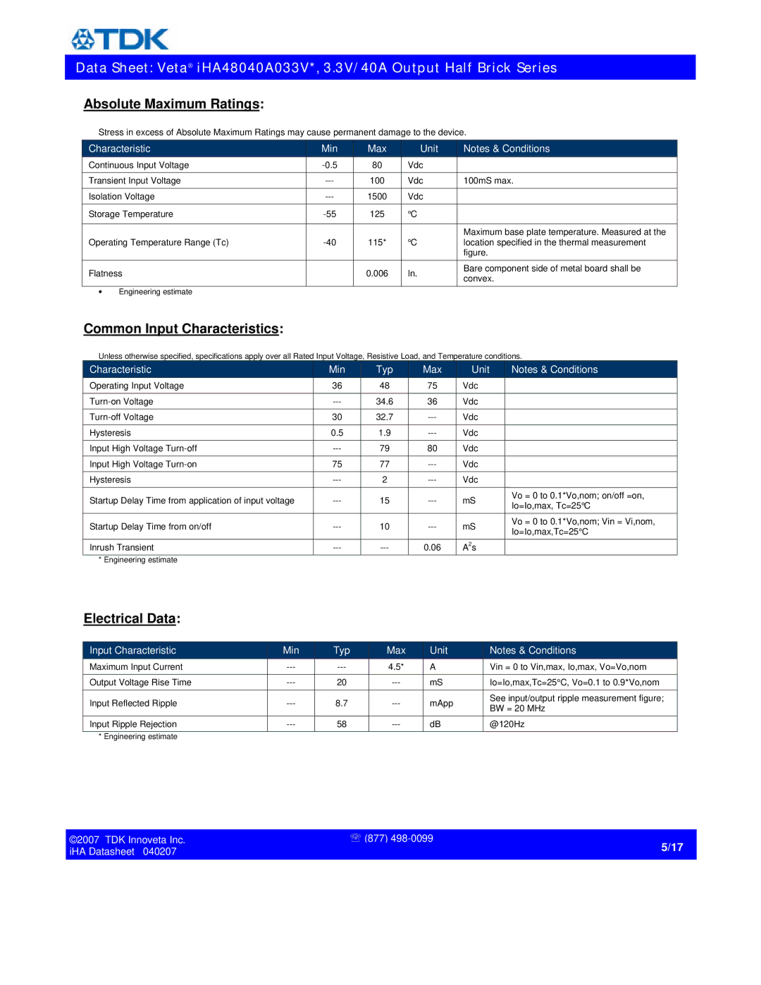 TDK iHA48040A033V* specifications Absolute Maximum Ratings, Common Input Characteristics, Electrical Data 