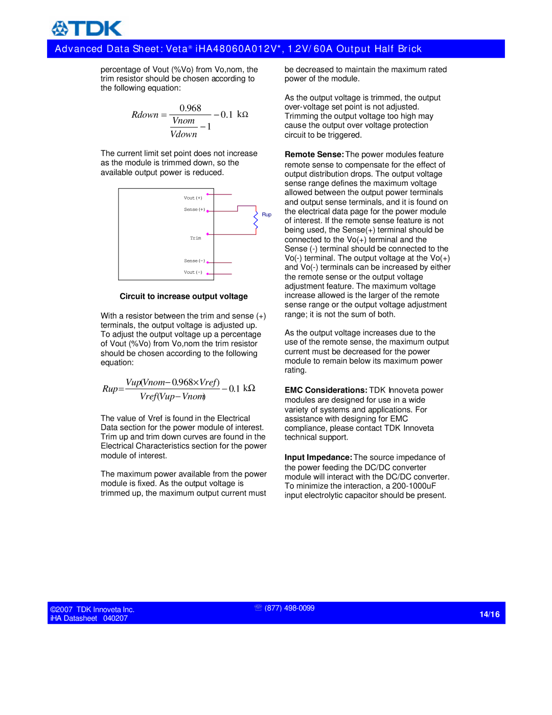 TDK iHA48060A012V specifications Rdown = 968 − 0.1 k Ω Vnom Vdown 