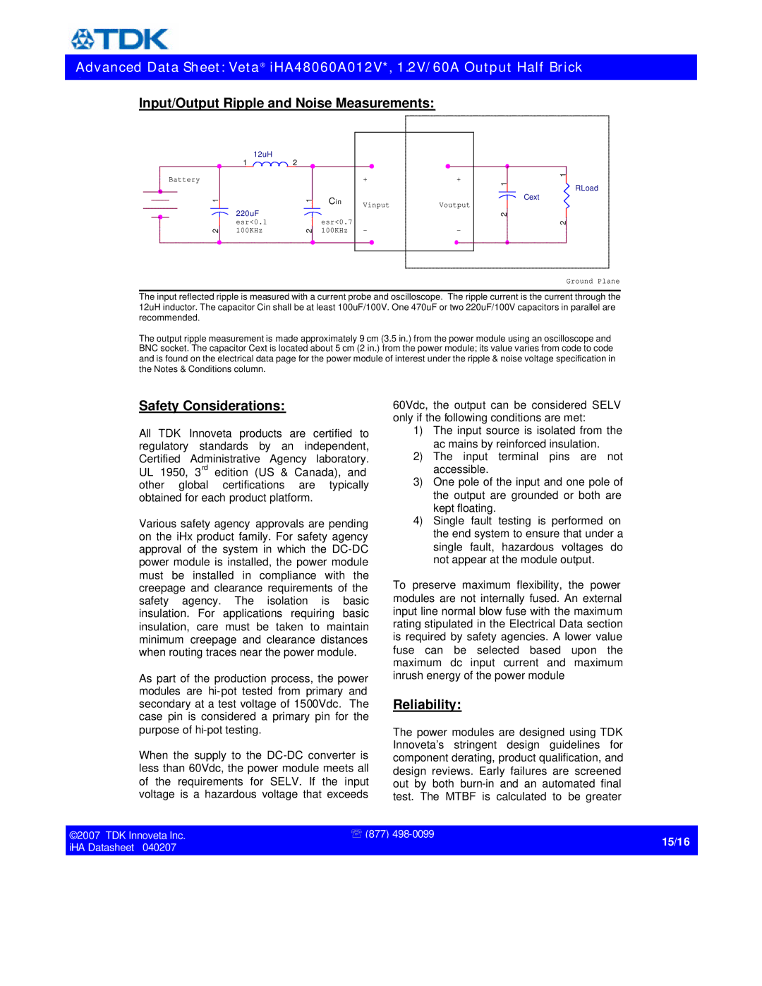 TDK iHA48060A012V specifications Input/Output Ripple and Noise Measurements, Safety Considerations, Reliability 