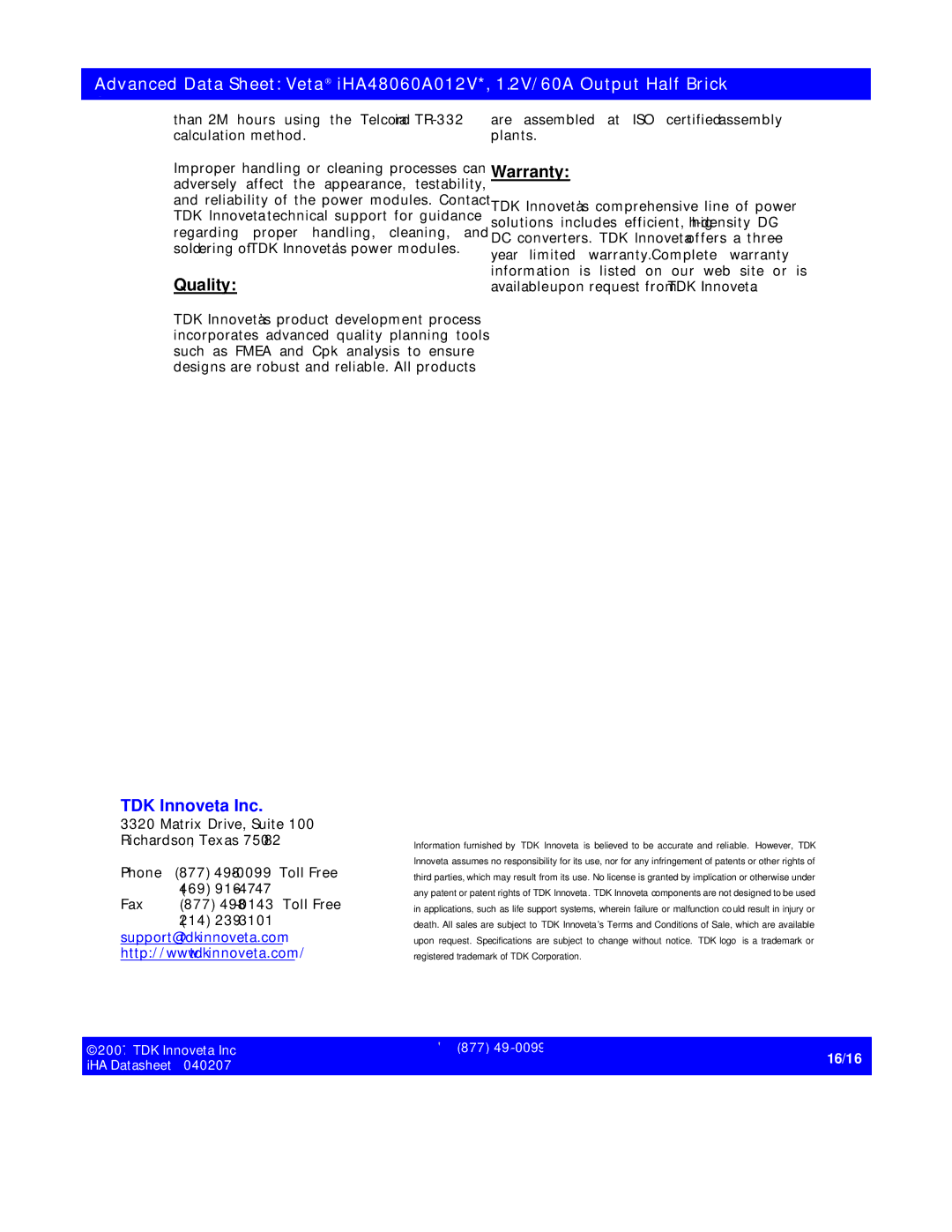 TDK iHA48060A012V specifications Quality, Warranty 