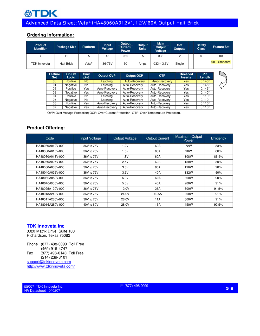 TDK iHA48060A012V specifications Ordering information, Product Offering 