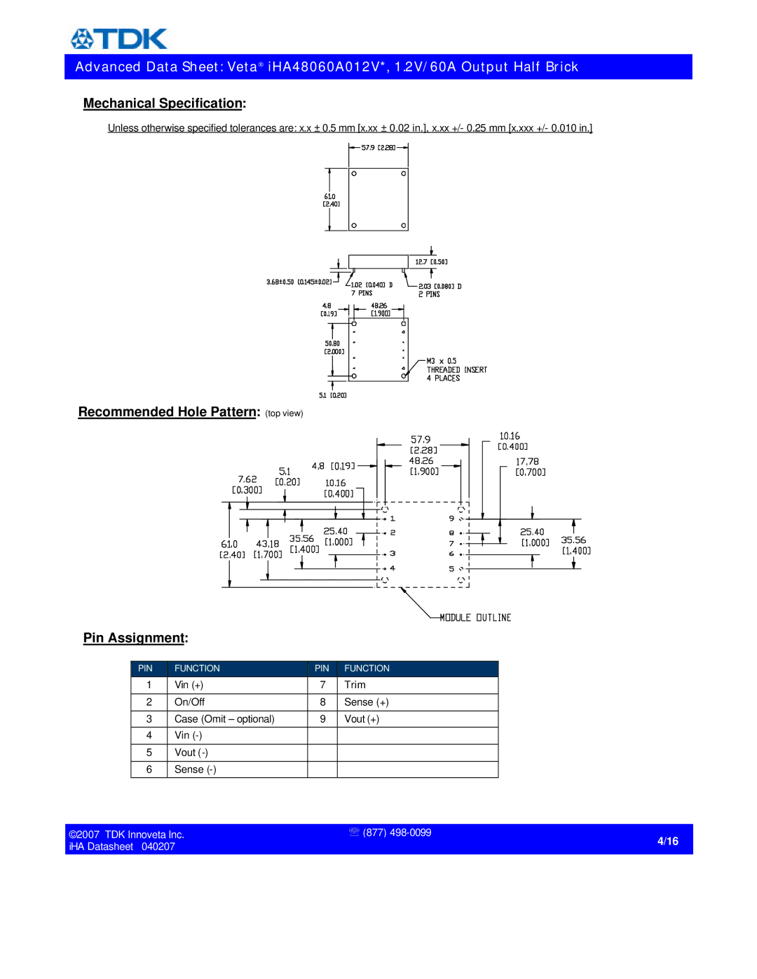 TDK iHA48060A012V specifications Mechanical Specification, Pin Assignment 