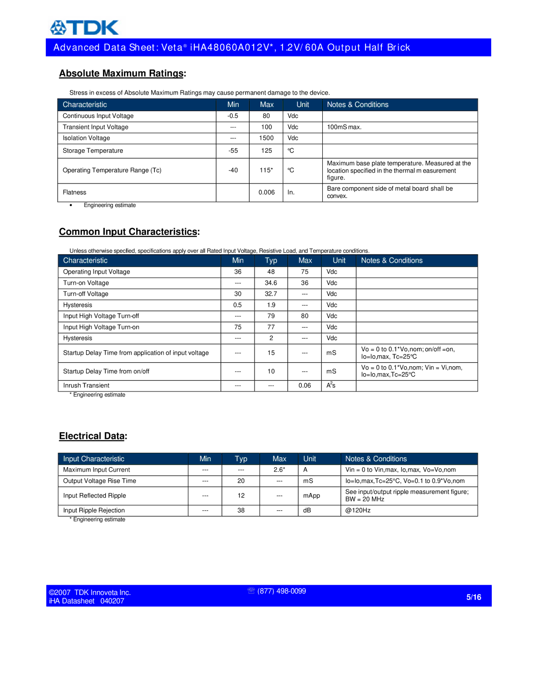 TDK iHA48060A012V specifications Absolute Maximum Ratings, Common Input Characteristics, Electrical Data 