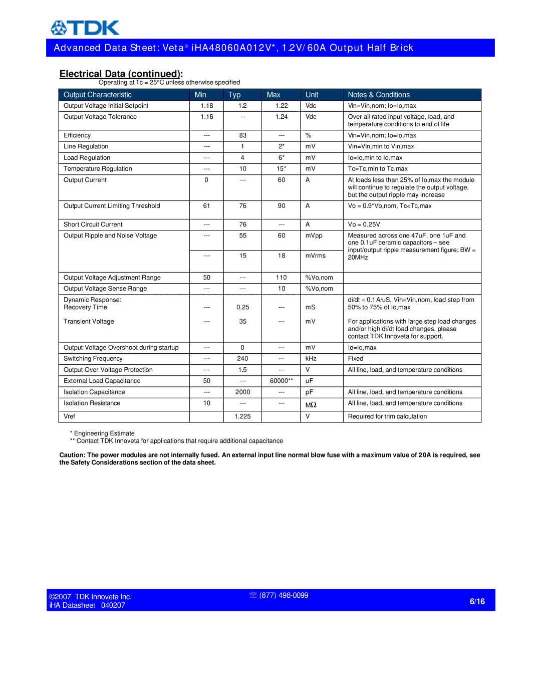 TDK iHA48060A012V specifications Output Characteristic Min Typ Max Unit 