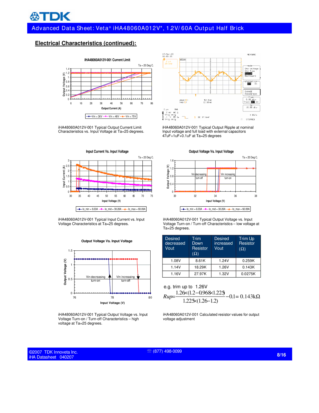 TDK iHA48060A012V specifications Rup=1.26×1.2−0.968×1.225 −0.1= 0.143kΩ 1.225×1.26−1.2 