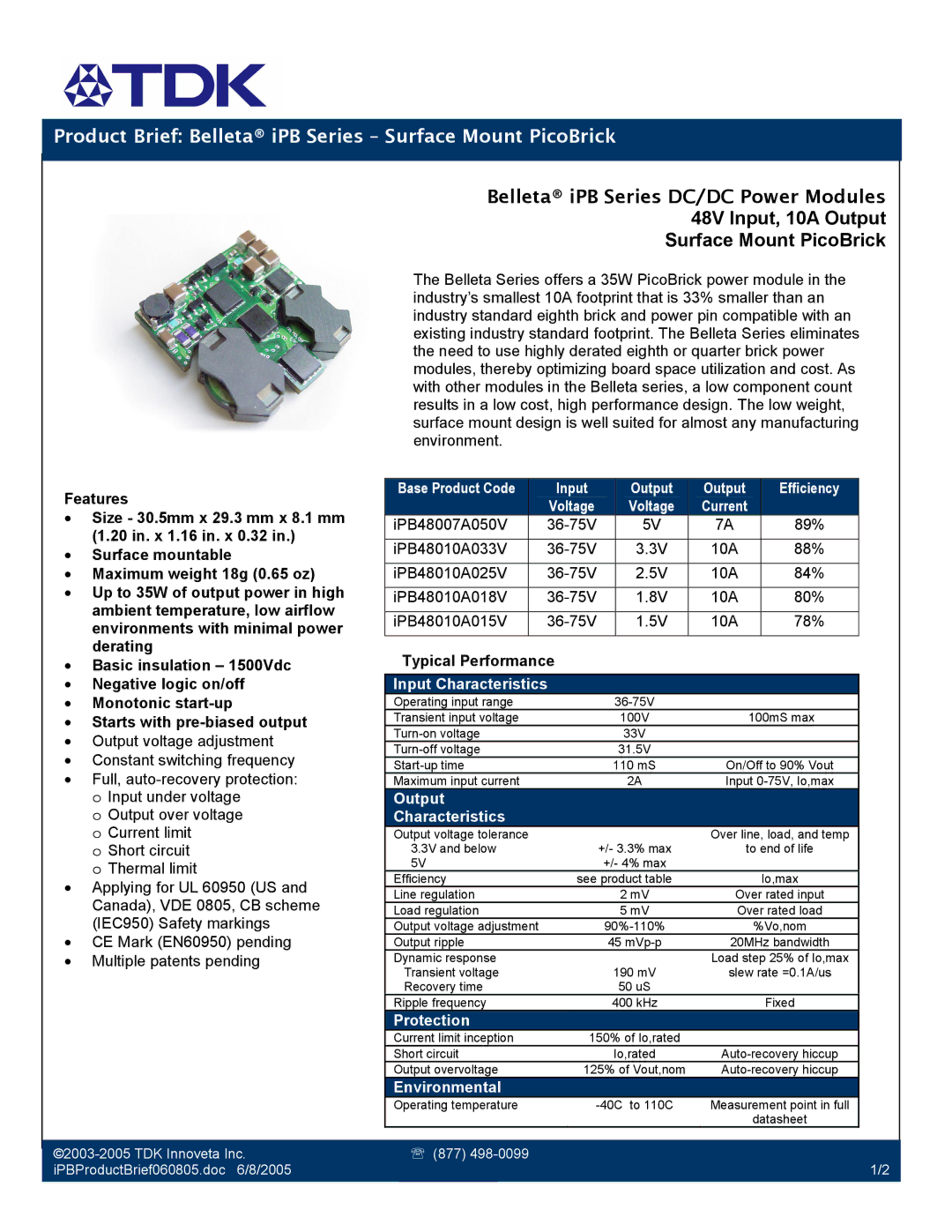 TDK iPB Series manual 48V Input, 10A Output Surface Mount PicoBrick 