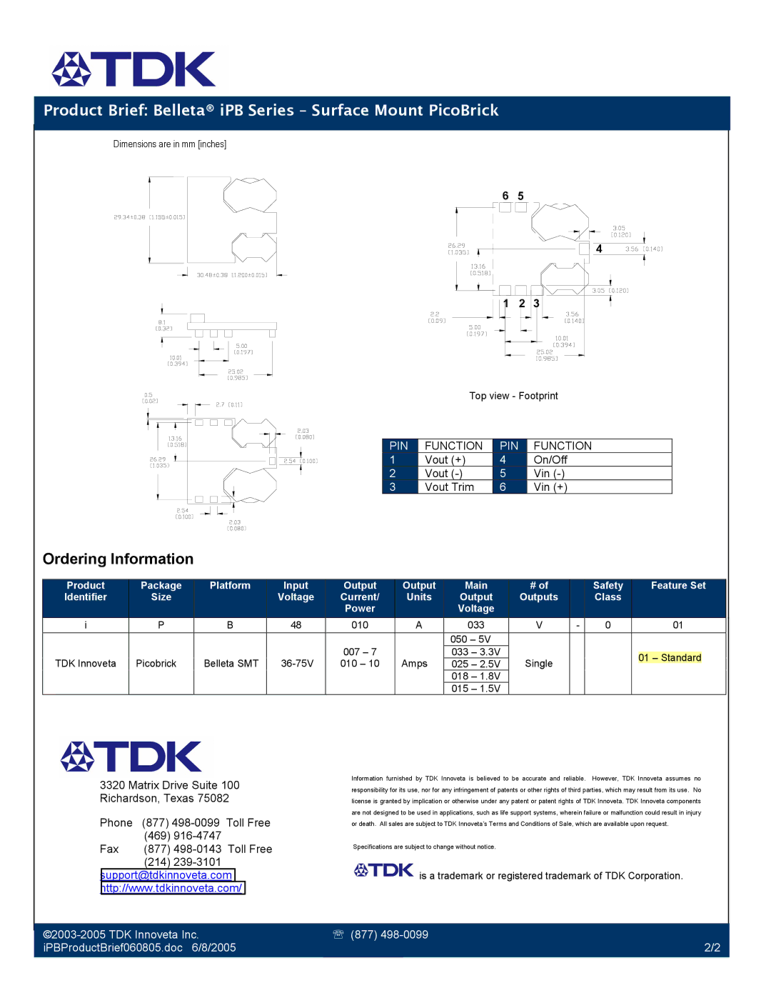 TDK iPB Series manual Ordering Information, TDK Innoveta Inc. iPBProductBrief060805.doc 6/8/2005 