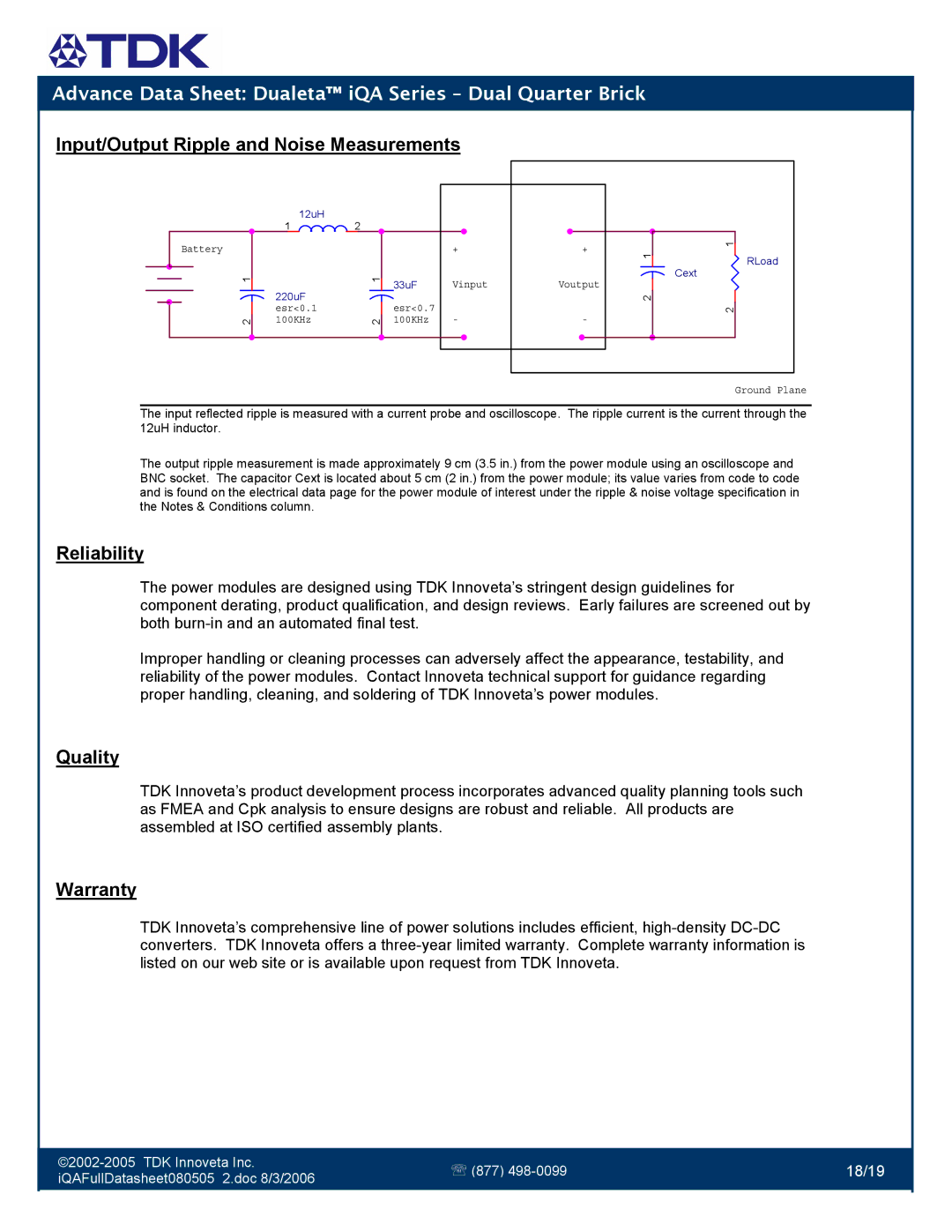 TDK iQA Series manual Input/Output Ripple and Noise Measurements, Reliability, Quality, Warranty 