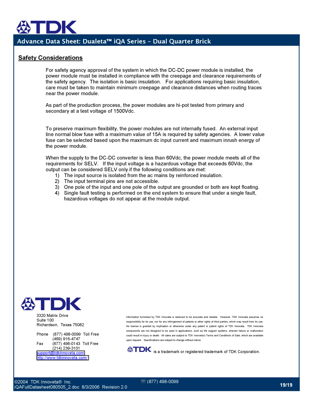 TDK iQA Series manual Safety Considerations, Support@tdkinnoveta.com 