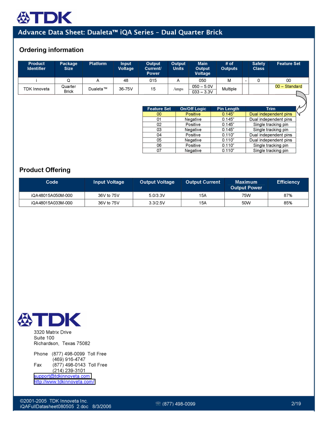 TDK iQA Series manual Ordering information, Product Offering 