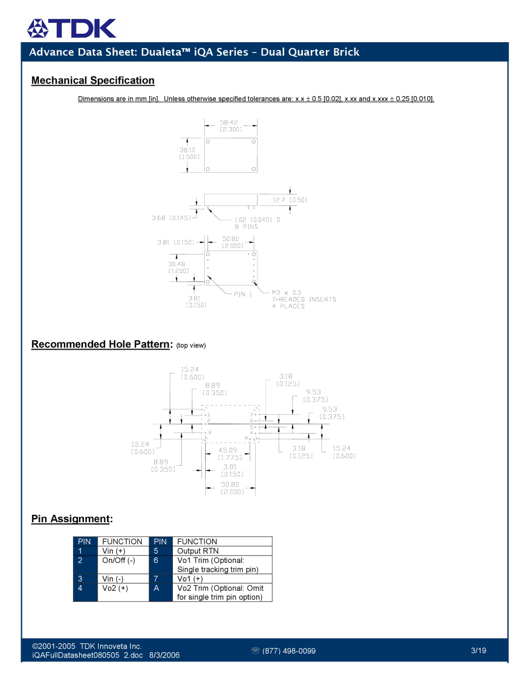 TDK iQA Series manual Mechanical Specification, Recommended Hole Pattern top view Pin Assignment 