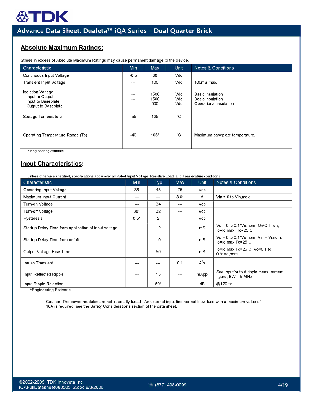 TDK iQA Series manual Absolute Maximum Ratings, Input Characteristics 