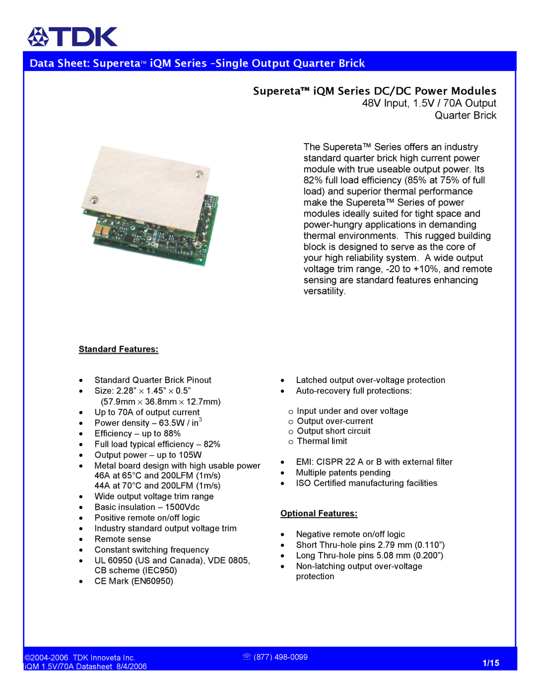 TDK iQM Series manual Standard Features, Optional Features 