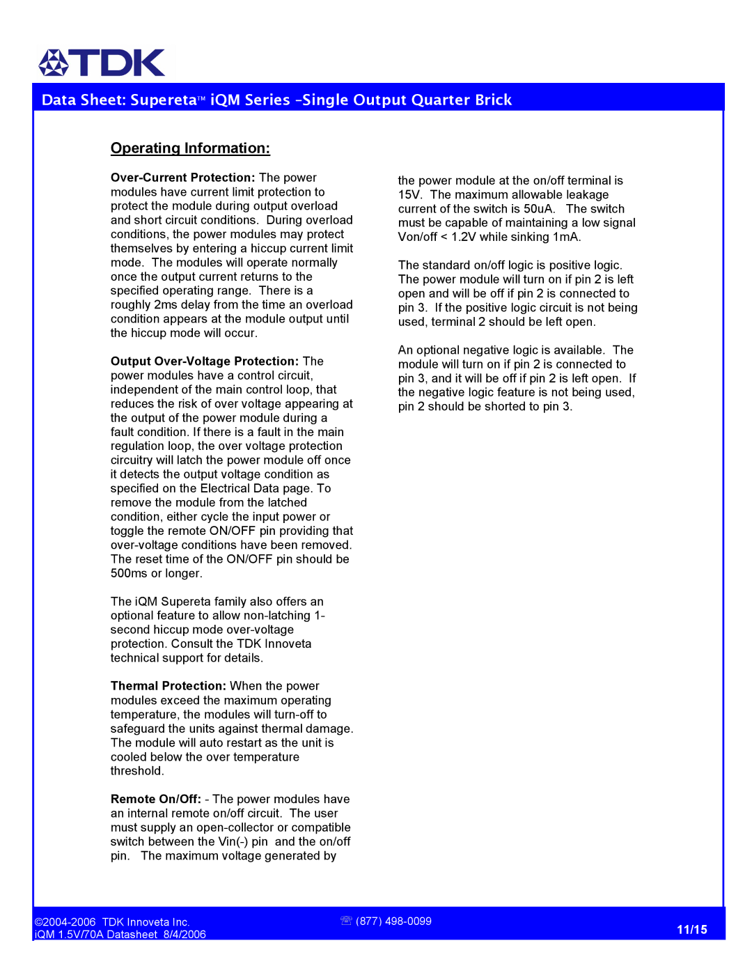 TDK iQM Series manual Operating Information 