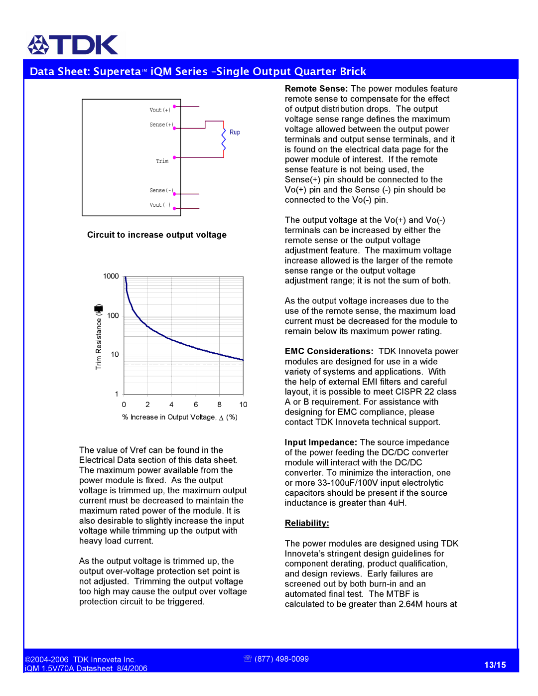 TDK iQM Series manual Circuit to increase output voltage, Reliability 