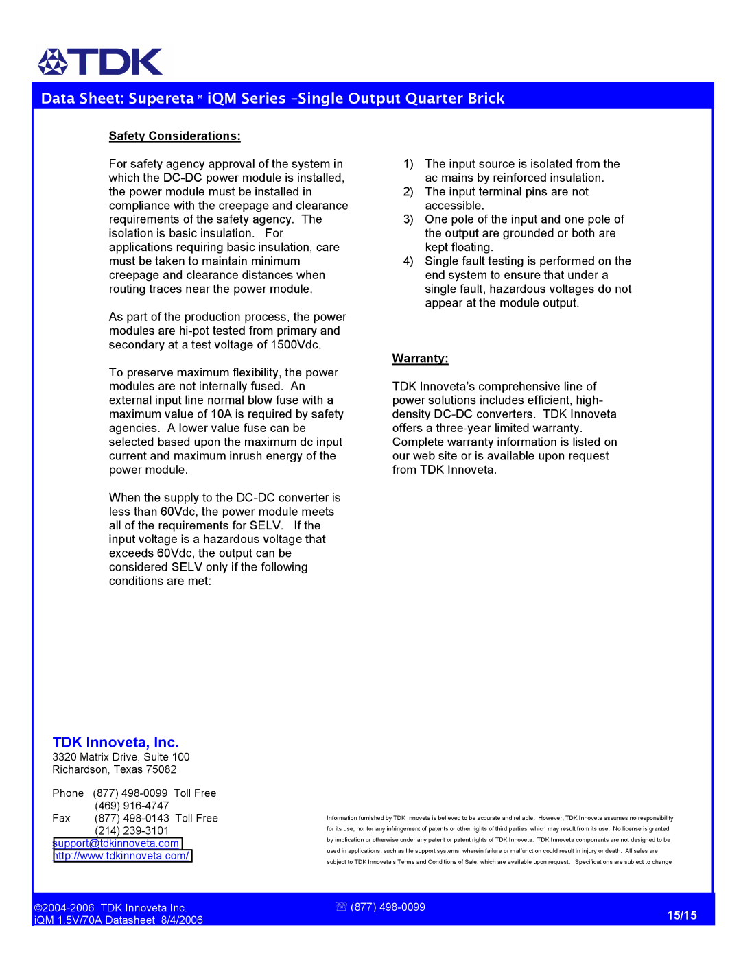 TDK iQM Series manual Safety Considerations, Warranty 