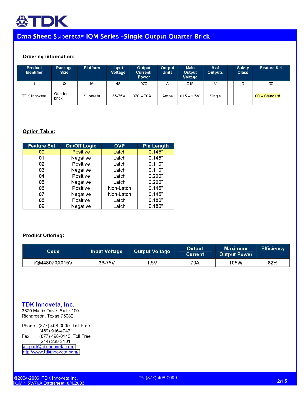 TDK iQM Series manual Ordering information, Option Table, Product Offering 