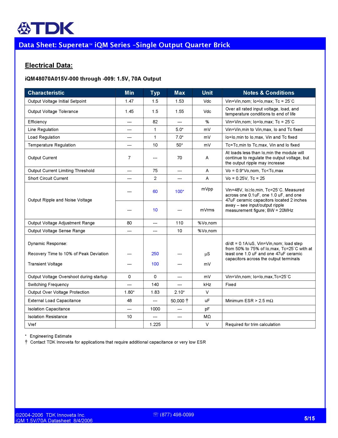 TDK iQM Series manual Electrical Data, IQM48070A015V-000 through -009 1.5V, 70A Output 