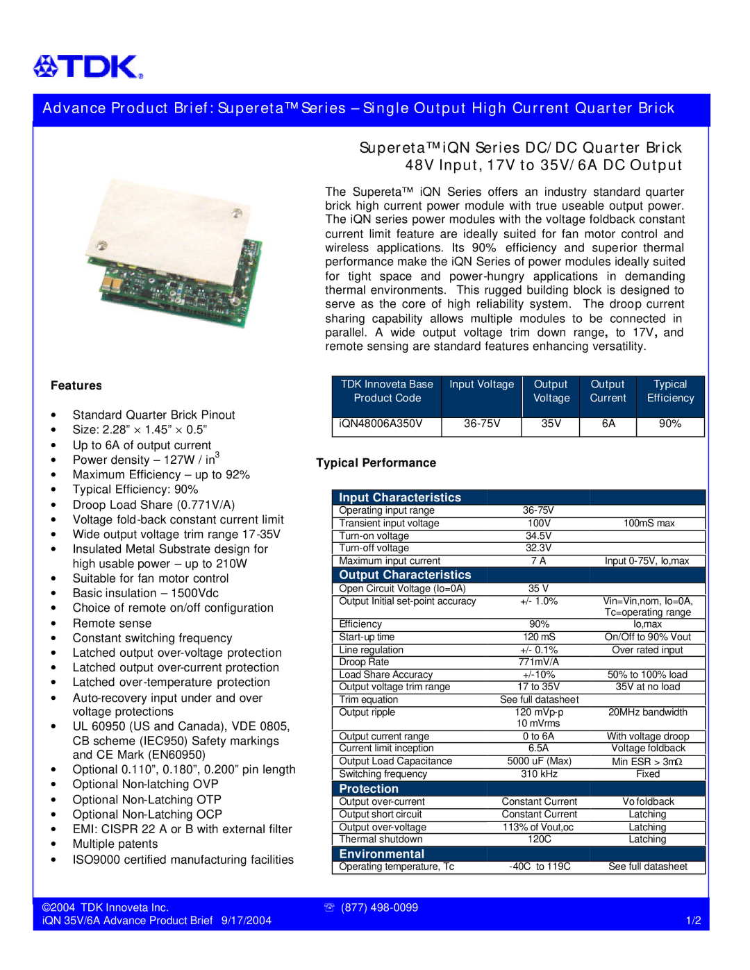 TDK iQN 35V/6A manual TDK Innoveta Base, Output Typical Product Code Voltage Current Efficiency, Input Characteristics 