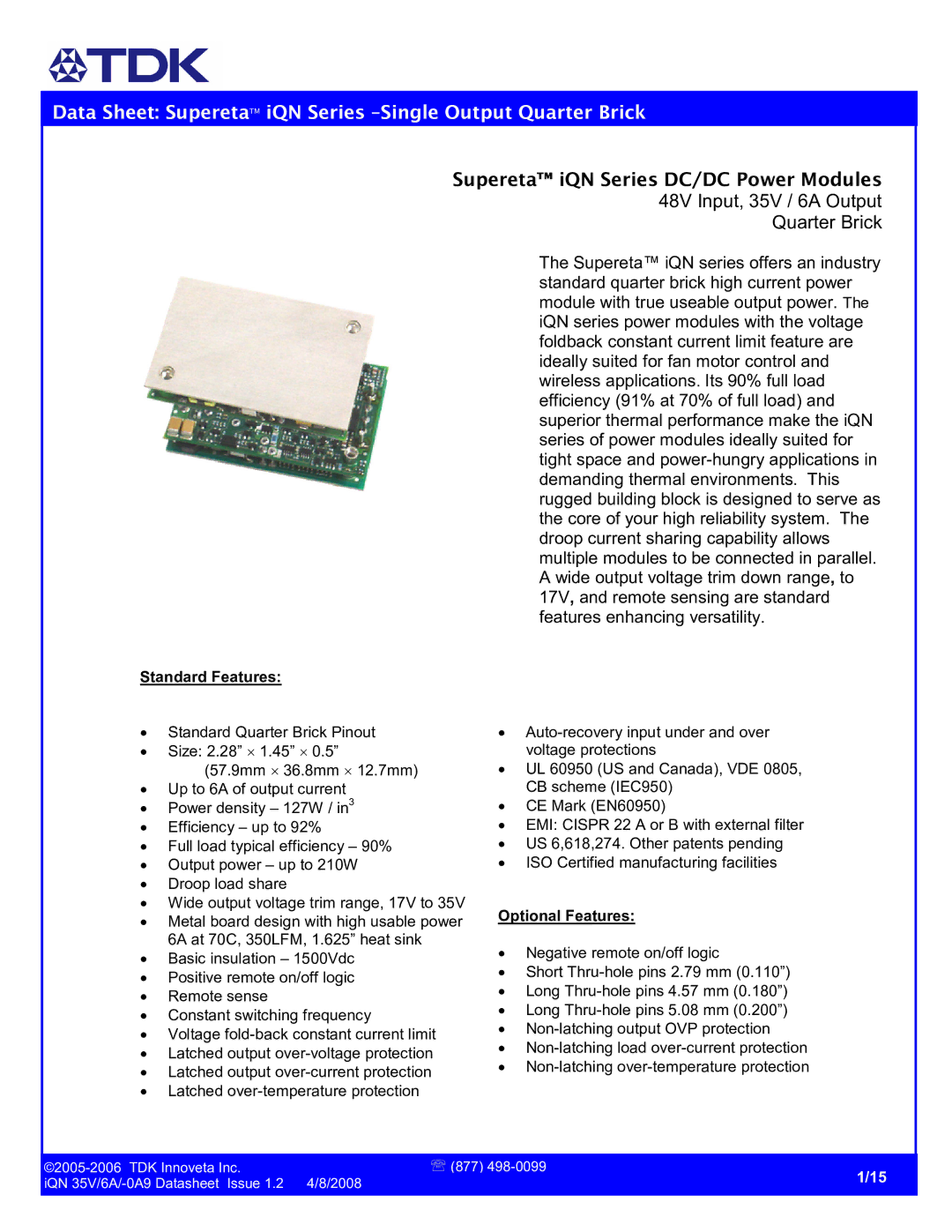 TDK iQN series manual Supereta iQN Series DC/DC Power Modules, 48VInput,35V/6AOutput QuarterBrick 