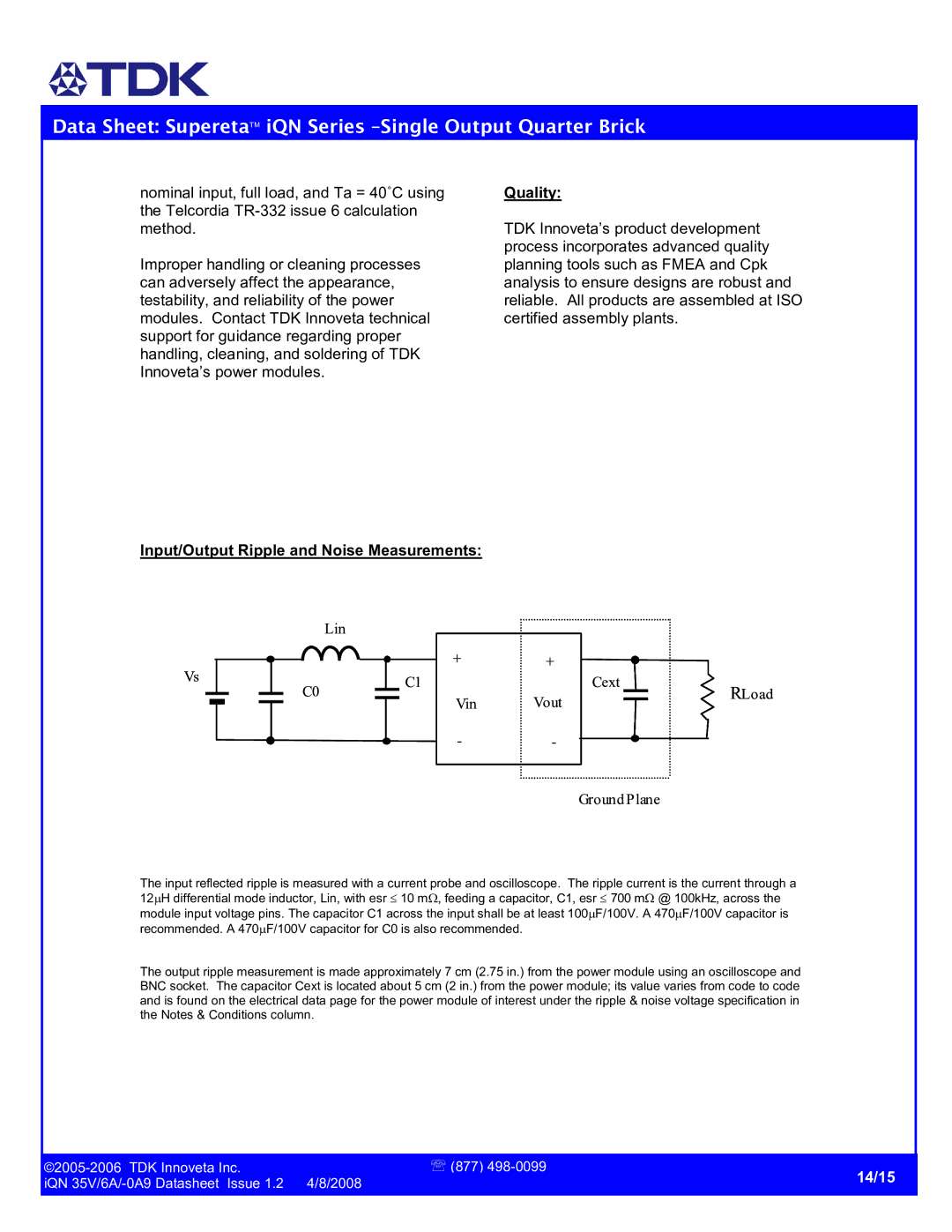 TDK iQN series manual Lin Cext Vout RLoad Vin GroundPlane, 14/15 