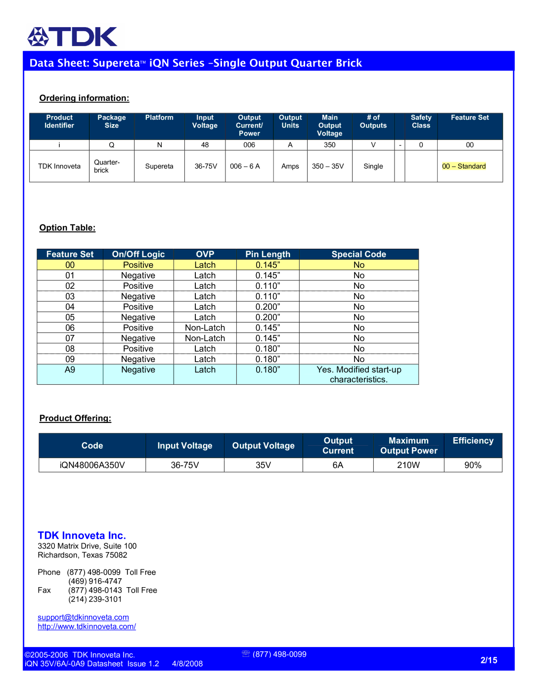 TDK iQN series manual Feature Set On/Off Logic, Pin Length Special Code 